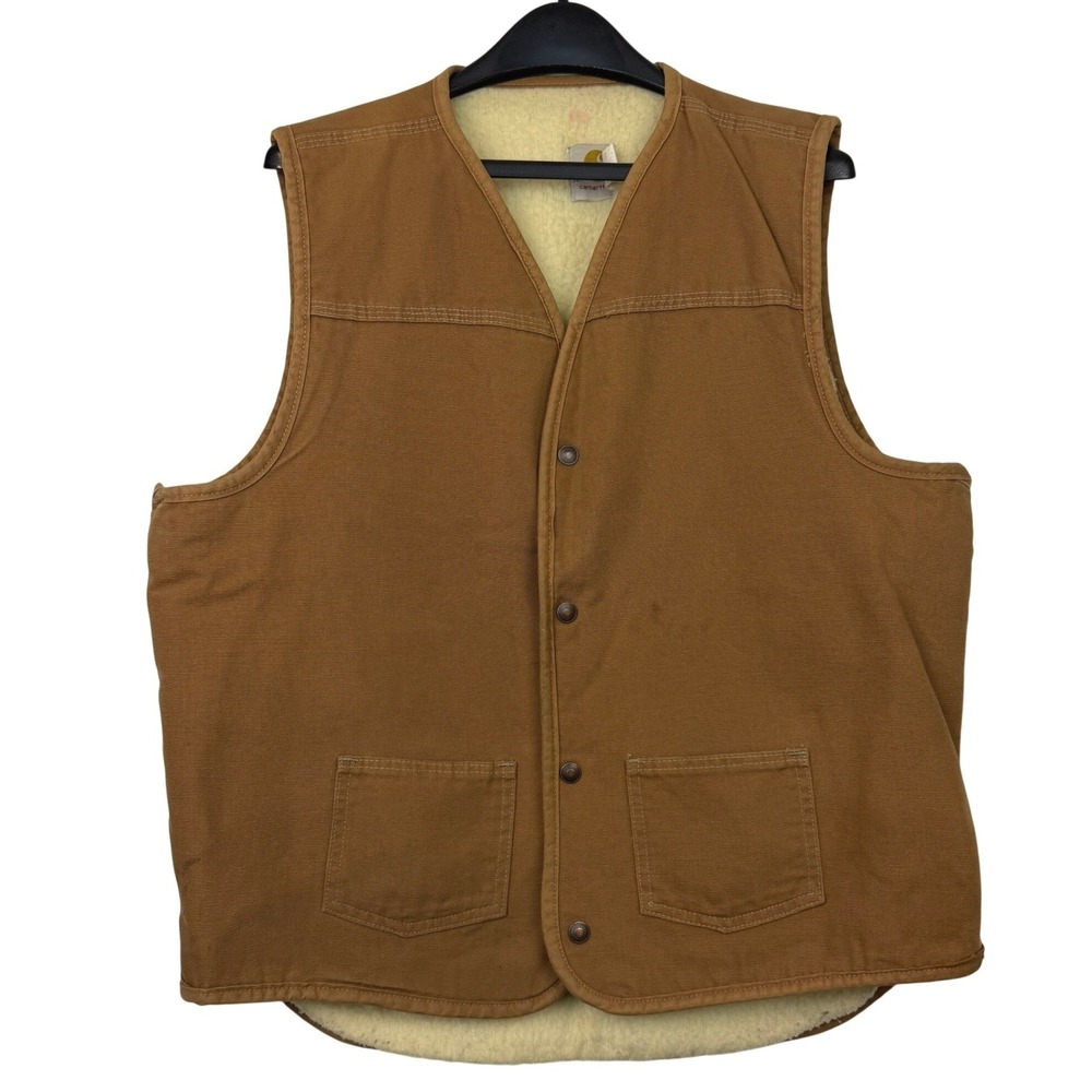 VINTAGE Carhartt Duck Canvas Vest Mens XLT Brown Sherpa Lined Made in USA *read
